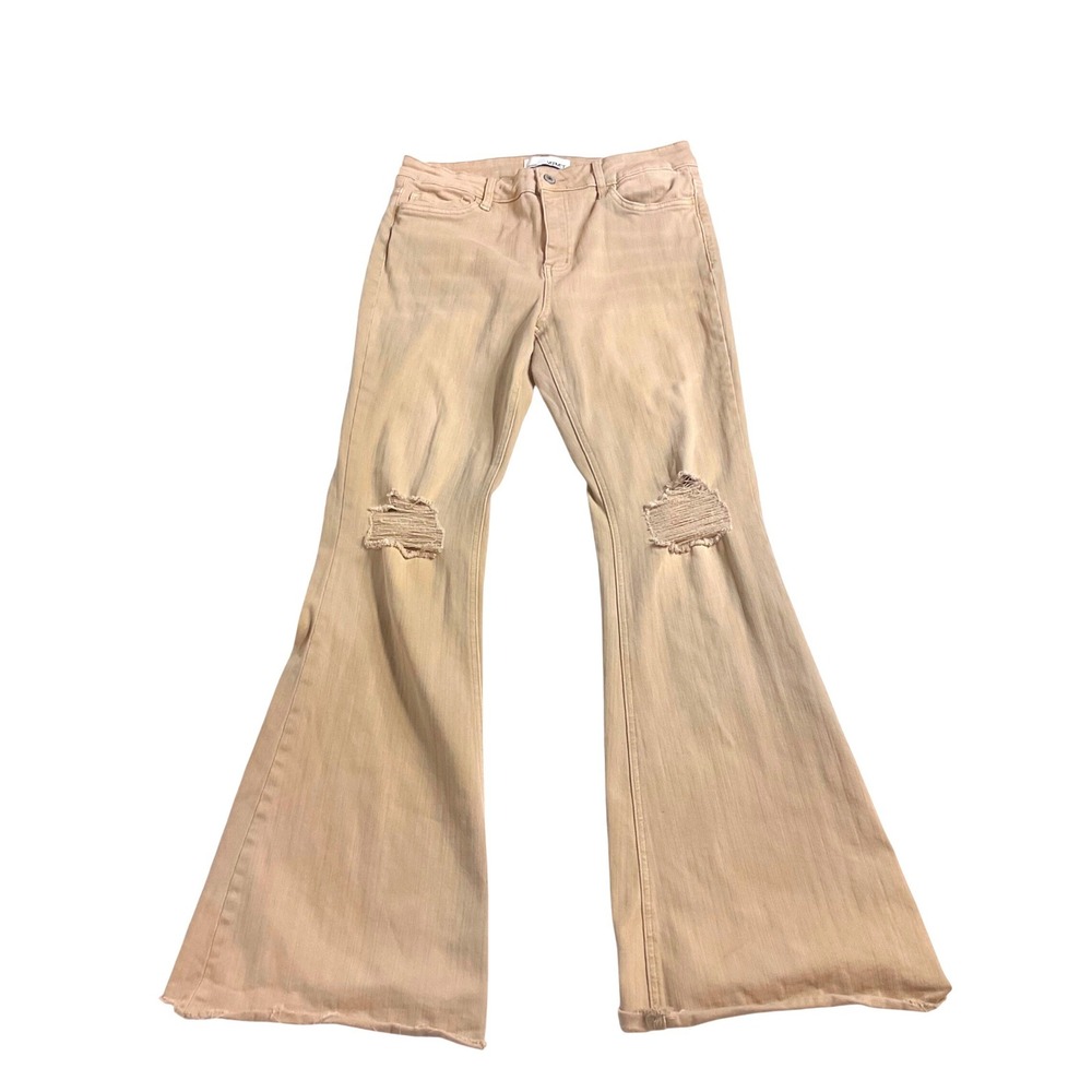 VERVET women's DEW DROP FLARE JEANS DENIM TAN V3029 High rise stretch raw hem 31 - Picture 2 of 10